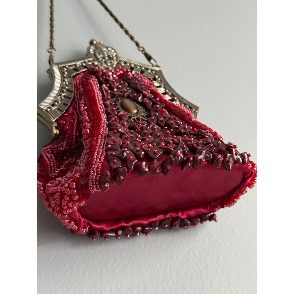 Vintage Style Burgundy Beaded Evening Bag Bronze Frame Chain Strap Cabochon - Picture 4 of 8